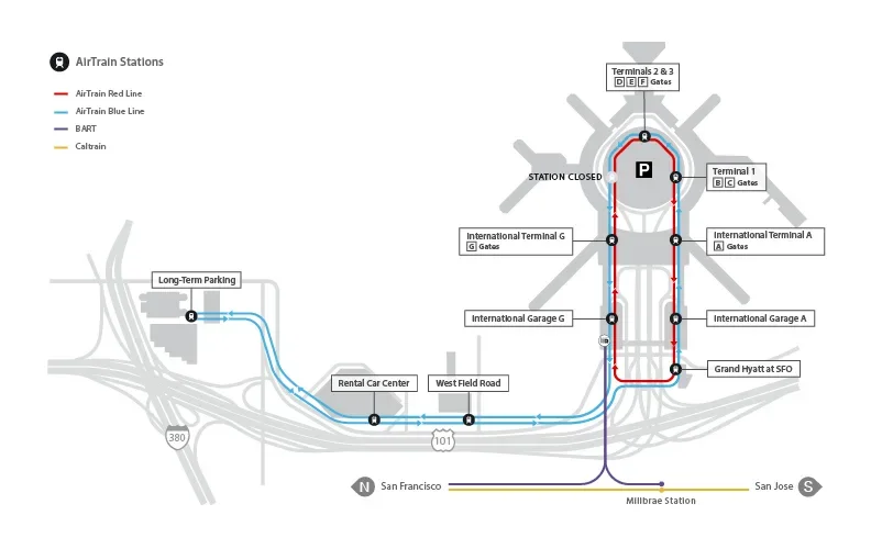Map of AirTrain station locations and routes at SFO